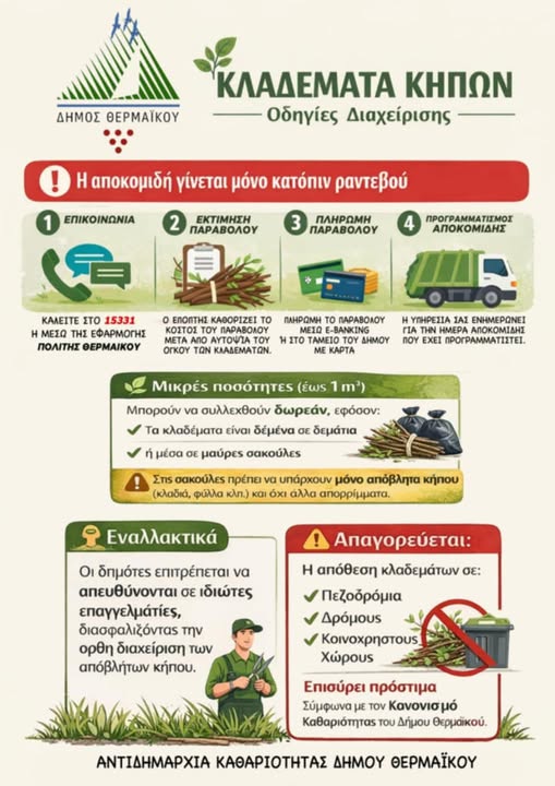 Κλαδέματα κήπων από τον Δήμο Θερμαϊκού: Εν τη παλάμη και ούτω βοήσωμεν