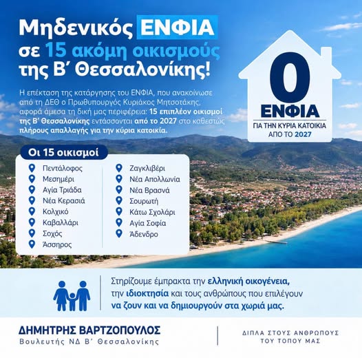 ΝΔ Θερμαϊκού: ” Ανακούφιση για τους συμπολίτες μας σε Μεσημέρι, Αγία Τριάδα και Νέα Κερασιά που απαλλάσσονται από τον ΕΝΦΙΑ”